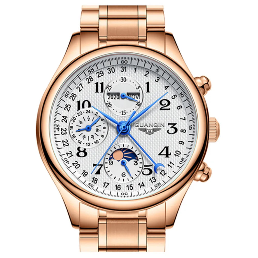 GUANQIN Leather Steel Mechanical Sapphire Men Watches Top Brand Luxury Waterproof Automatic Wristwatch Calendar Moon Phase