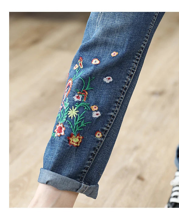 Women's Denim Pants Vintage Flower Embroidery Chinese Hand Work High Quality Casual Loose Jeans China Clothing Factory Wholesale