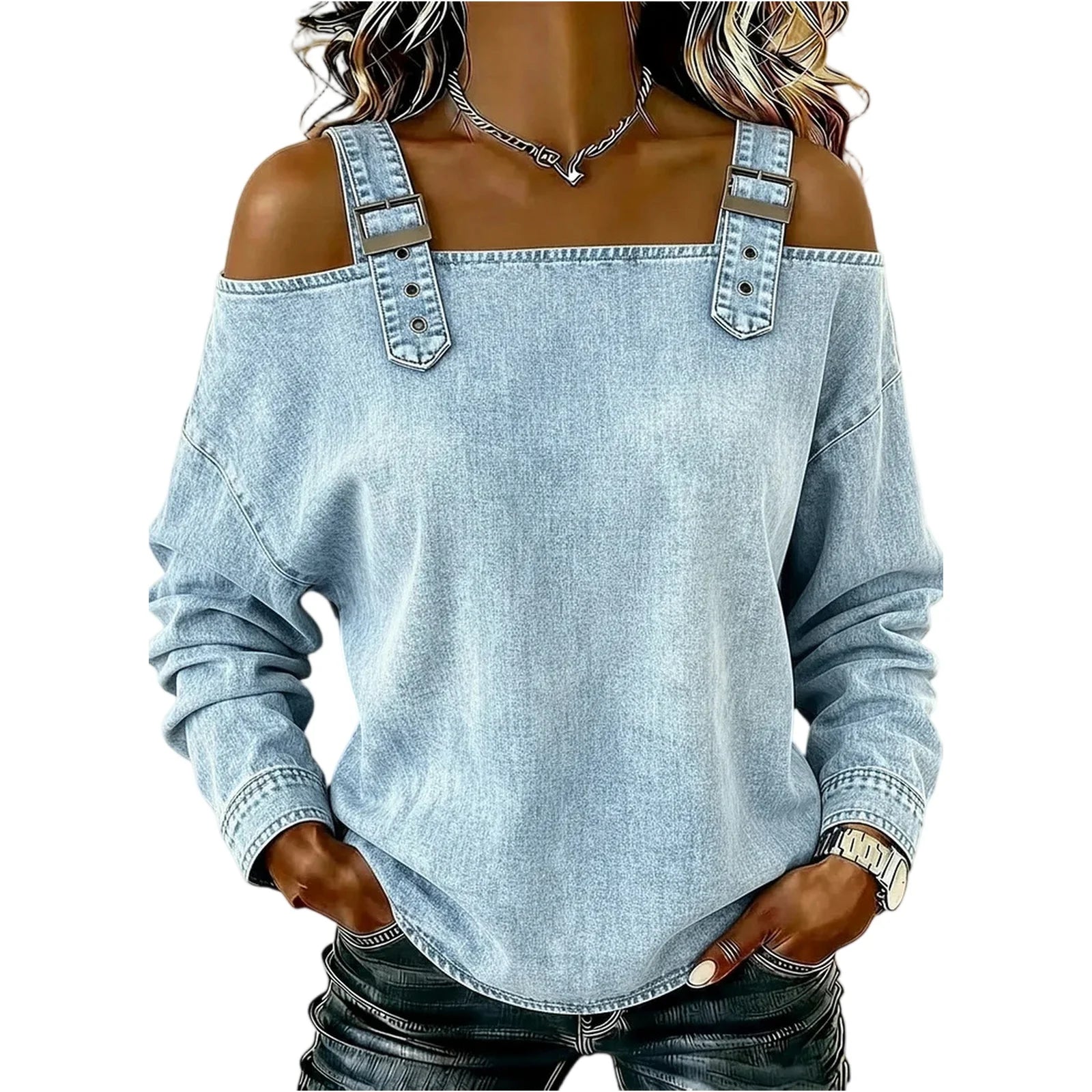 Women's Denim Top, Stylish Off-the-shoulder Long-sleeved Top with Shoulder Straps, Elegant and Versatile Denim Shirt, Streetwea