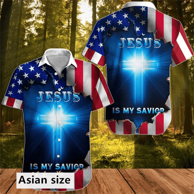 Jesus Cross Lion Graphic Men Shirt Fashion 3D Printed Christian Button Lapel Hawaiian Shirts Summer Street Short Sleeves Tops