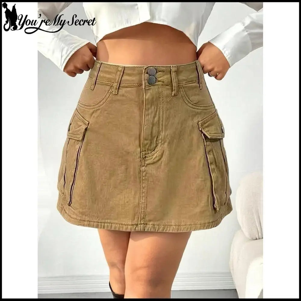 Sexy Women High Waist Cargo Denim Mini Skirt Double Button Multi Pocket A Line Short Skirt Y2K Streetwear Casual Jean Dress