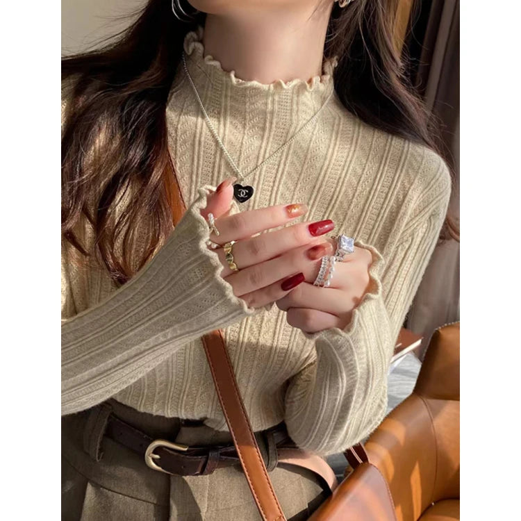 New Women's Autumn and Winter Solid Color Ruffled Semi-turtleneck Long-sleeved Knitted Sweater Casual Women's Knitted Pullovers