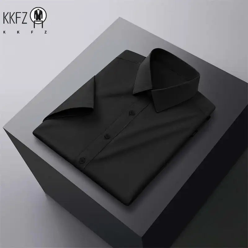 New Men's Business Casual Solid Color Short Sleeved Shirt for Summer Fashion No Ironing Comfortable and Versatile Top