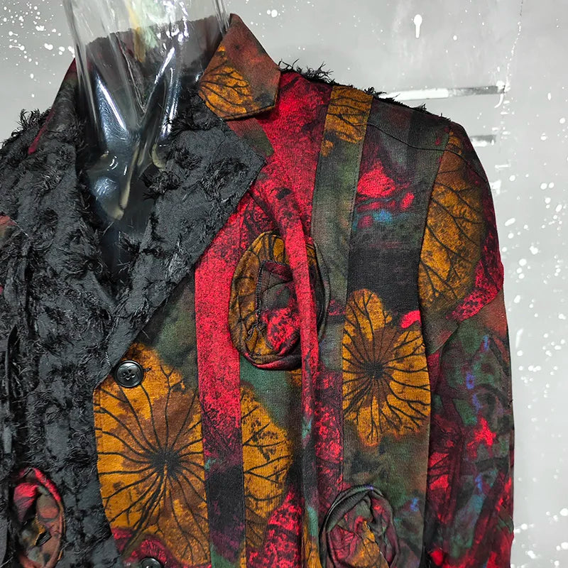 PFHQ Design Silhouette Suit Jacket Autumn 2024 New Loose Slimming Splicin Knitted Red Flowers Contrast Color Male Tops