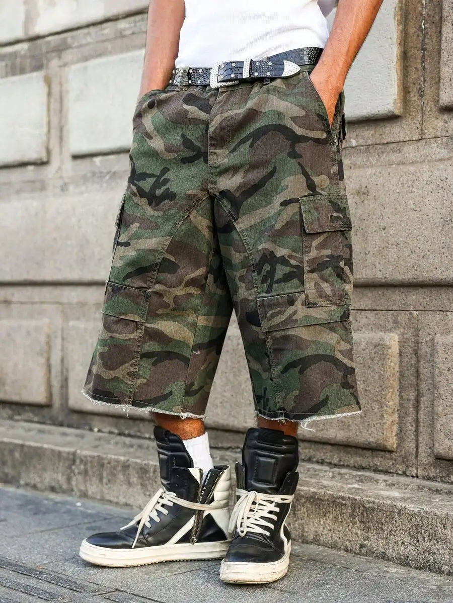 PAVTROS Manfinity Streetrush Men's Casual Cargo Pockets Camouflage Frayed Hem Loose Denim Shorts Jorts Going Out Hang Out Party