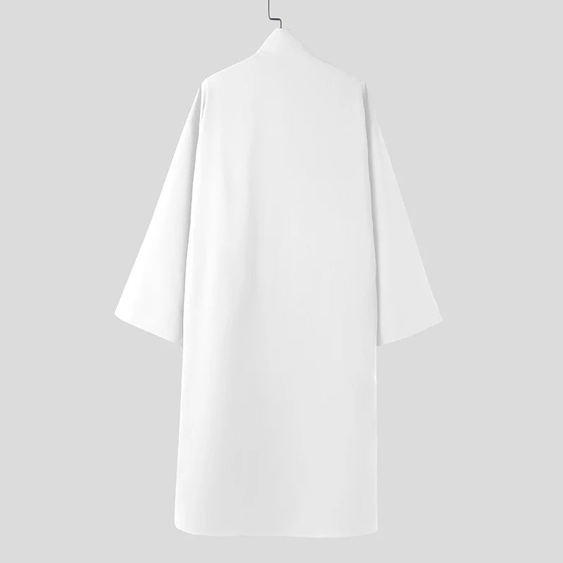 INCERUN Men Long Style Shirt Solid Stand Collar Long Sleeve Male Tops Camisas Streetwear Triple Breasted Fashion Men Clothing