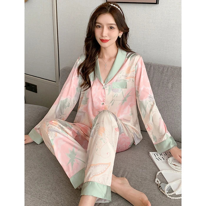 2024 Spring New Lapel Button Cardigan Lounge Sets Womens 2 Piece Ice Silk Pajamas for Women Fashion Printing Sleepwear for Wome