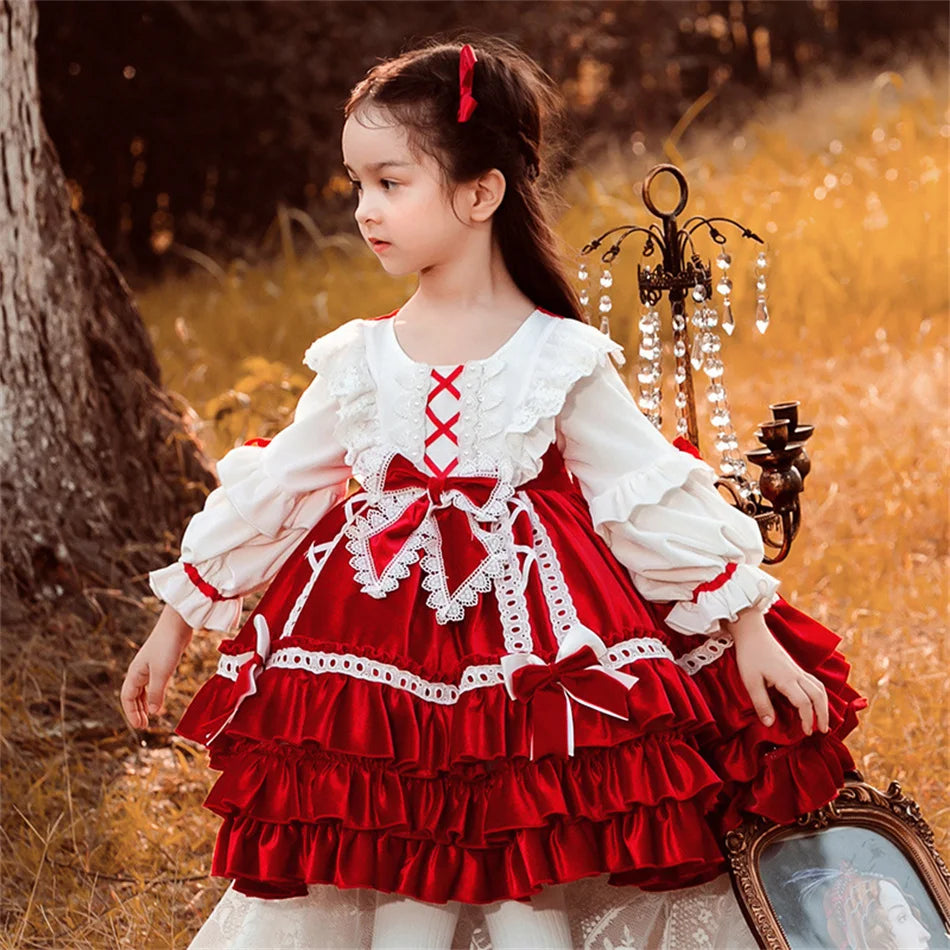Kids Spring Autumn Lolita Dress Princess Long Sleeves Fancy Luxury Cute Costume Girls Floral Lace Vestido Toddler Birthday Gift
