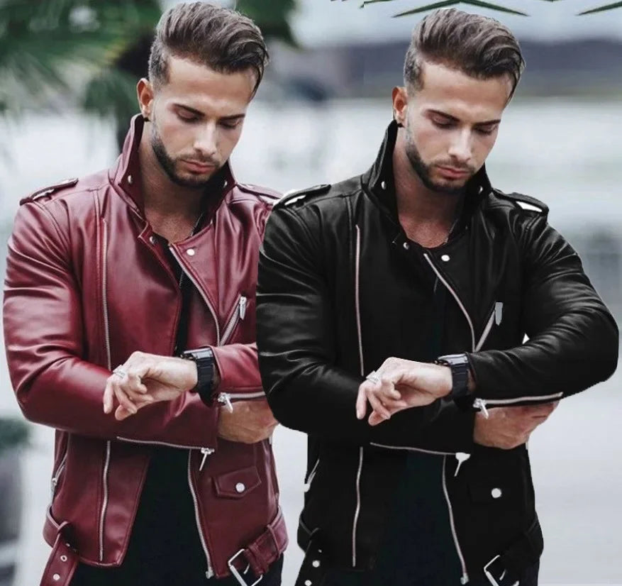 2023 Men's Autumn and Winter Lapel Leather Jacket Business Casual Oblique Zipper PU Leather Motorcycle Leather Jacket