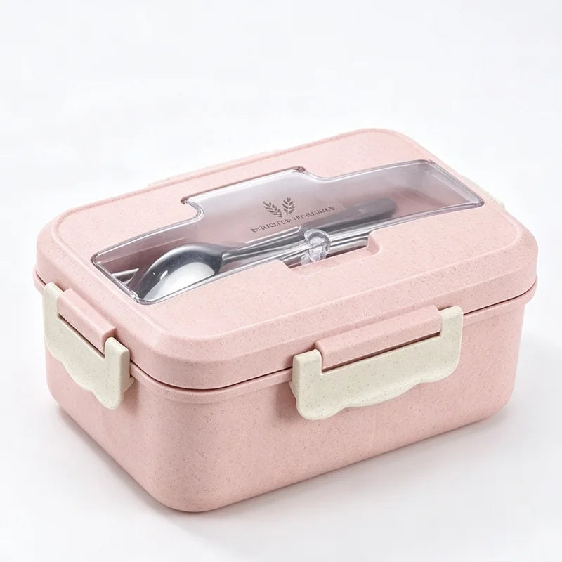 Wheat Straw Lunch Box Microwave‑Safe Portable Bento Box with Tableware Food Storage Container for Kids School Office