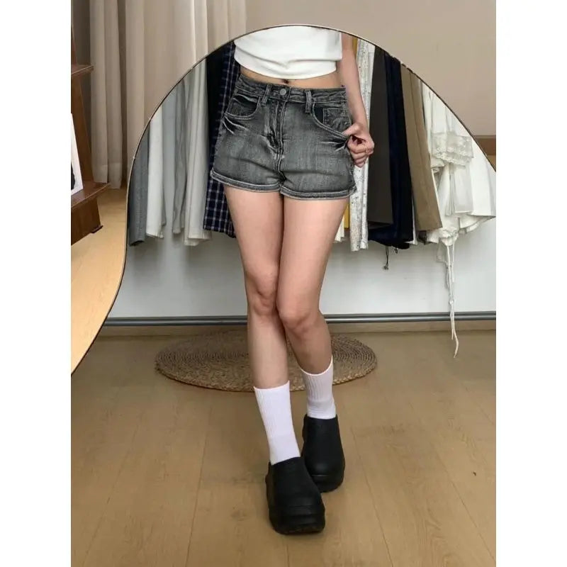 Black and Gray Low-rise Denim Super Y2k Shorts Women Washed Old Slim Elastic Hot Pants Booty Shorts