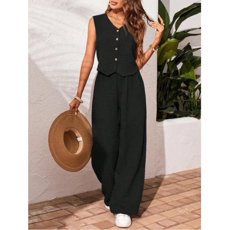 Two-piece Ladies Set 2026 Summer New Versatile Sleeveless V Neck Vest Tops Suits Fashion Casual Loose Tops Wide Leg Pants Sets