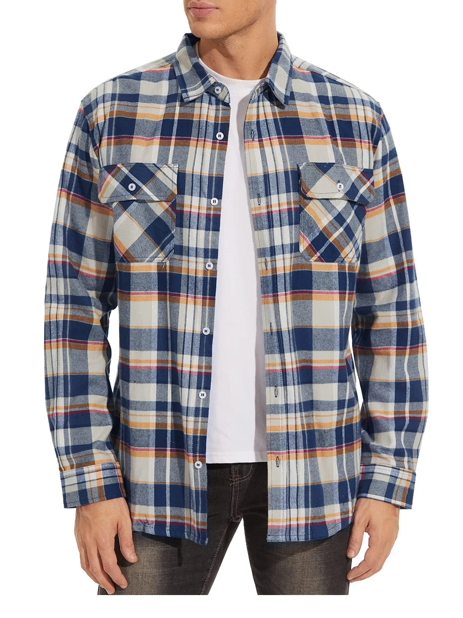 MAGCOMSEN Autumn Windproof Men's Flannel Shirt Warm Long Sleeve Casual Plaid Shirts with Two Chest Pockets
