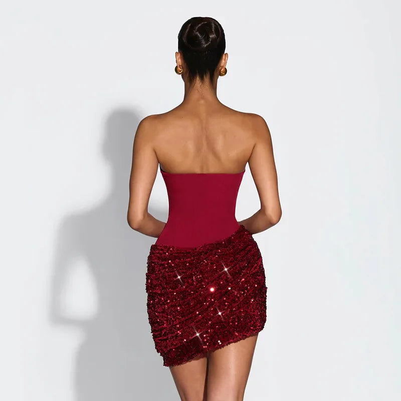 Pleated Slim Bodycon Dress Women Strapless Mini 2026 Spring Summer Dress Sequin Evening Nightclub Sexy Party Dresses