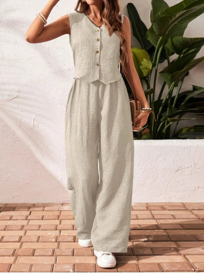 Two-piece Ladies Set 2026 Summer New Versatile Sleeveless V Neck Vest Tops Suits Fashion Casual Loose Tops Wide Leg Pants Sets
