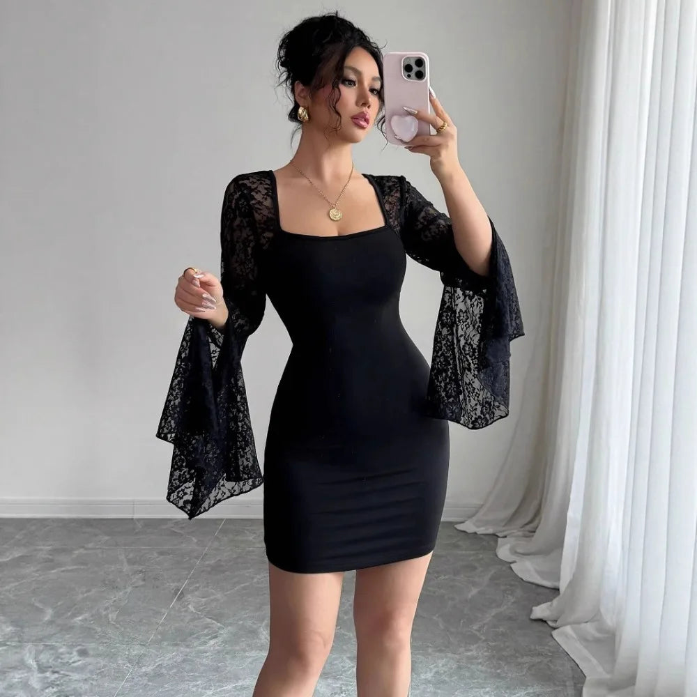 2026 Autumn New Flare Sleeve Split Lace Patchwork Square Neck Bodycon Dress Women
