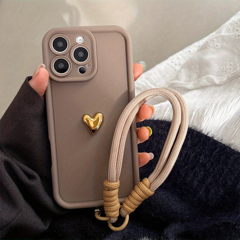 Cute Korean 3D Golden Love Heart Soft Case For iPhone 16 17 18 Pro Max 15 14 13 12 11 Pro 7 8 Plus Wrist Chain Hang Strap Cover