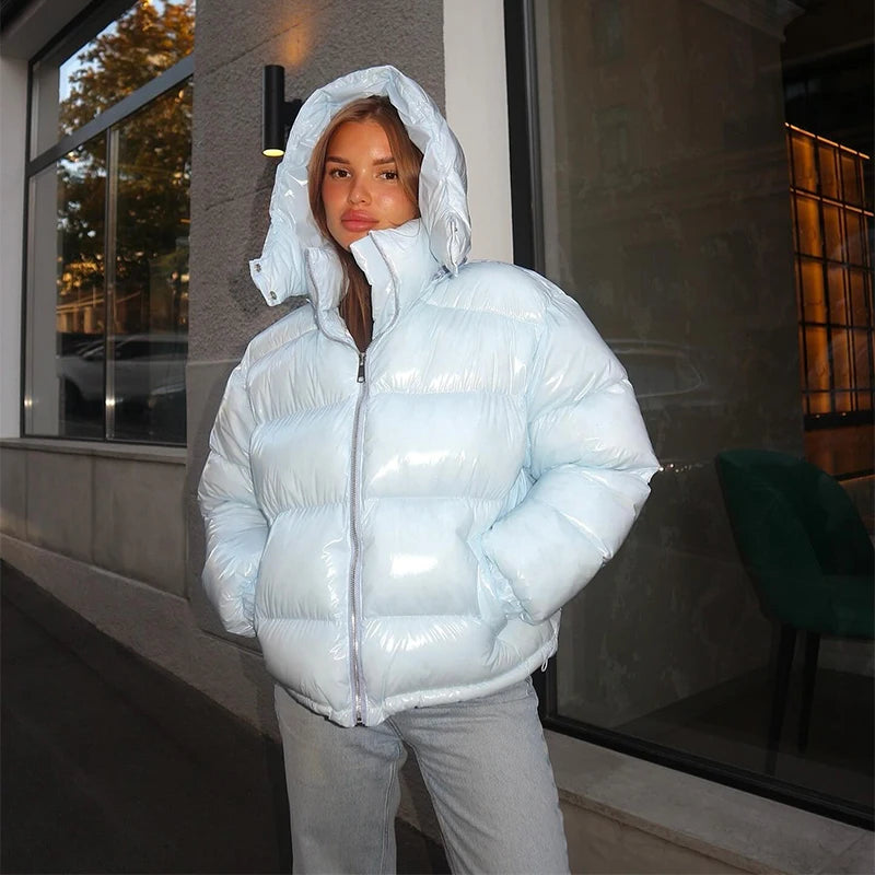 High Street Women's Glossy Zipper Hooded Coats Warm Elastic Waist Pleated Short Cotton Female Jacket 2026 Winter New Lady Outfit