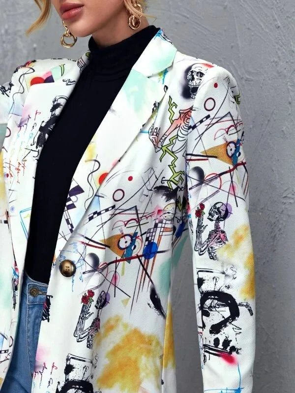 Vintage Graffiti Printing Blazer Women Jacket High Street Fashion 2021 New Spring Plus Size Elegant Lady Coat American Stylish