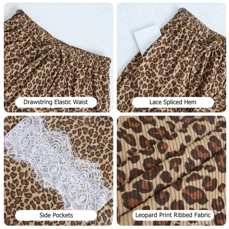Women Leopard Print Wide Leg Pants Elastic Drawstring Waist Lace Trim Hem Loose Casual Palazzo Trousers With Pockets