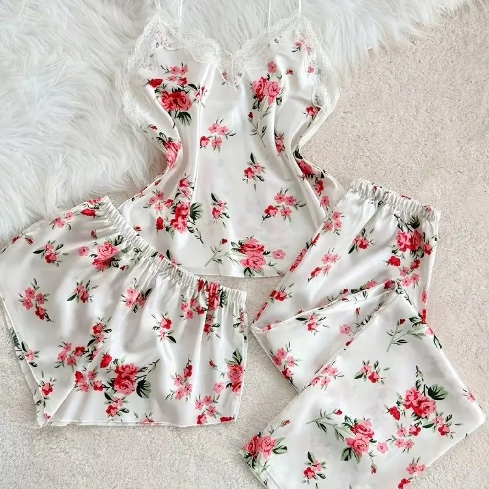 Satin Ice Silk Women's Printed Pajamas Set Lace-Trimmed V-Neck Floral Printed Ice Silk Suspender Sleepwear Sleeveless