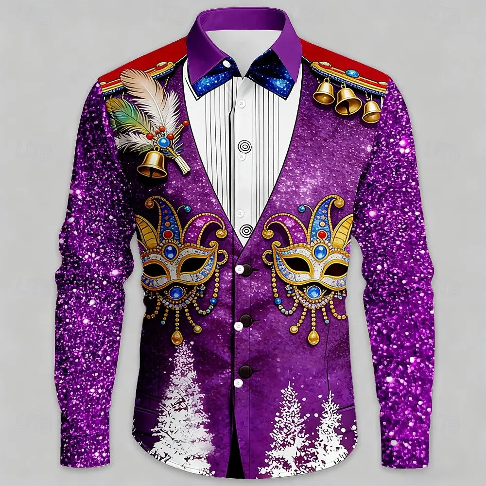 Mardi Gras Men's Carnival Faux Collar and Suit Design Mask with Feathers Shirt Button Up Shirt Long Sleeve Fashion Spring Fall