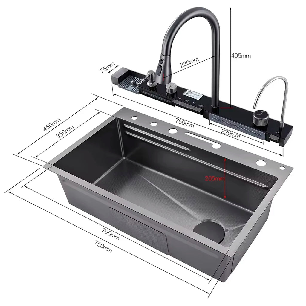 Kitchen Sink Faucet Large Integrate Digital Display Multi-Function Buttons Waterfall Soap Dispenser Cup Washer Kitchen Sink