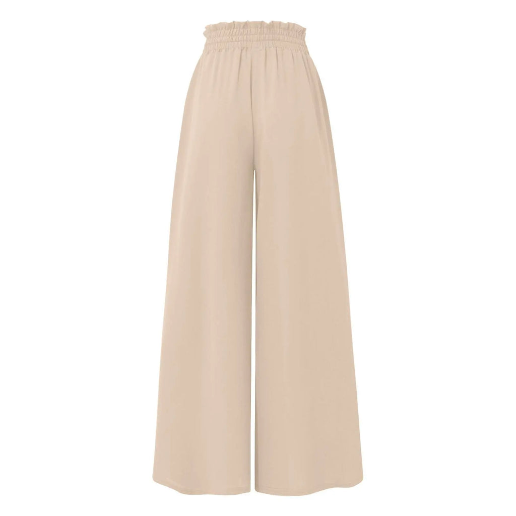 Summer Women Elastic High Waist Drawstring Solid Wide Leg Pants Loose Casual Flowy Pocket Trousers Female Daily Beach Long Pants