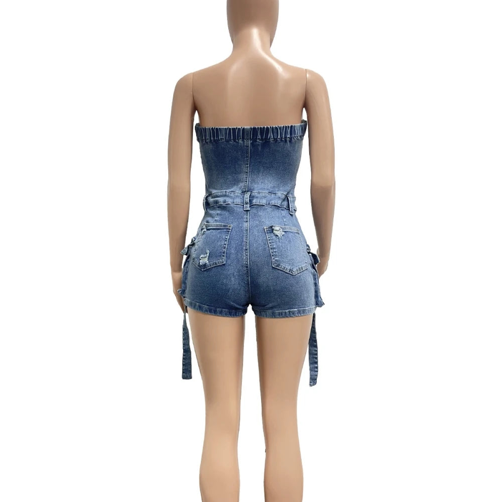 HLJ&GG Blue Denim Fashion Hollow Out Shorts Two Piece Sets Women Sleeveless Backless Bandage  Crop Top And Shorts Cowboy Outfits