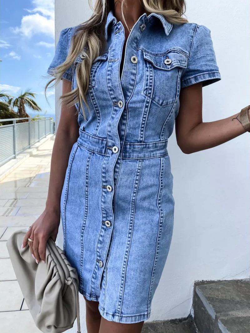 Women Denim Dresses Single Breasted Dress Turn Down Collar Streetwear Wrap Hip Vestidos Casual Short Sleeve Slim Fit Summer