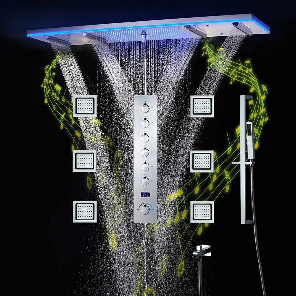 M Boenn 47*12 Inch LED lighting Large Black Shower Head Rainfall Bathroom Faucet Hot Cold Shower System Set Smart Showers Mixer
