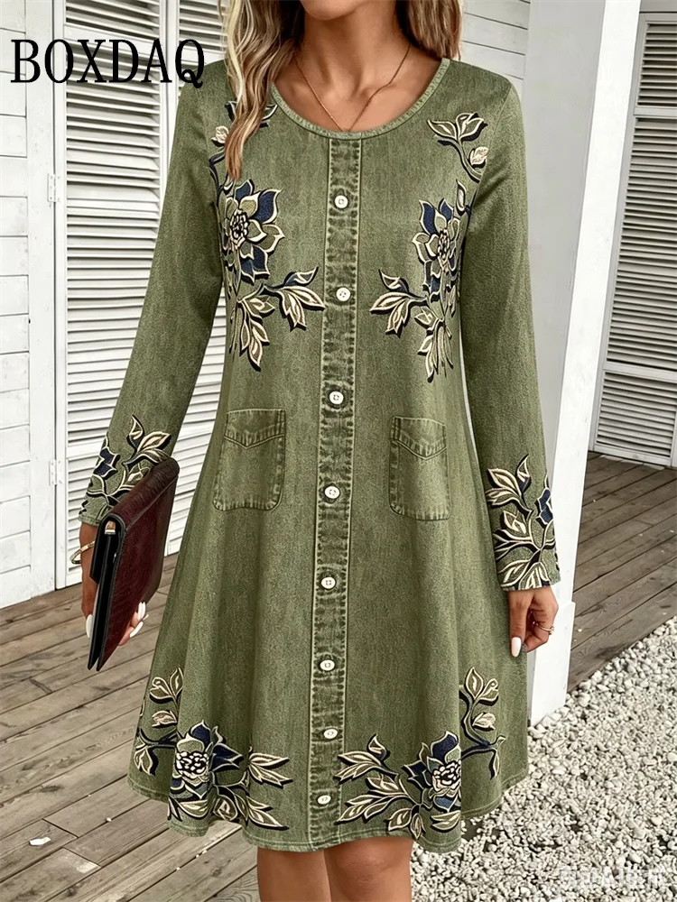 2026 Women's Casual Floral Imitation Denim 3D Print Dress Fashion Round Neck Autumn Loose A-Line Dress Long Sleeve Women's Dress