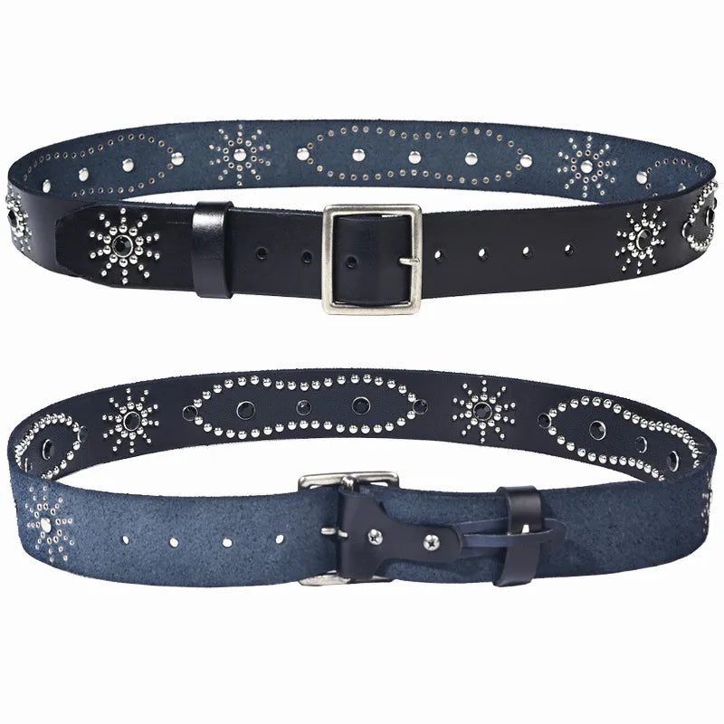 Men's Fashion 4.5cm Wide Genuine Leather Belt First Layer Cowhide Imitation Turquoise Inlay Rivet Punk Belt For Jeans