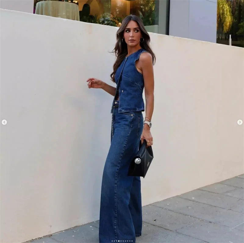 Streetwear Denim 2 Piece Sets Women Outfit Spring Summer Women 2025 Sleeveless Vest Top Wide Leg Pants Sets Jeans Two Piece Set