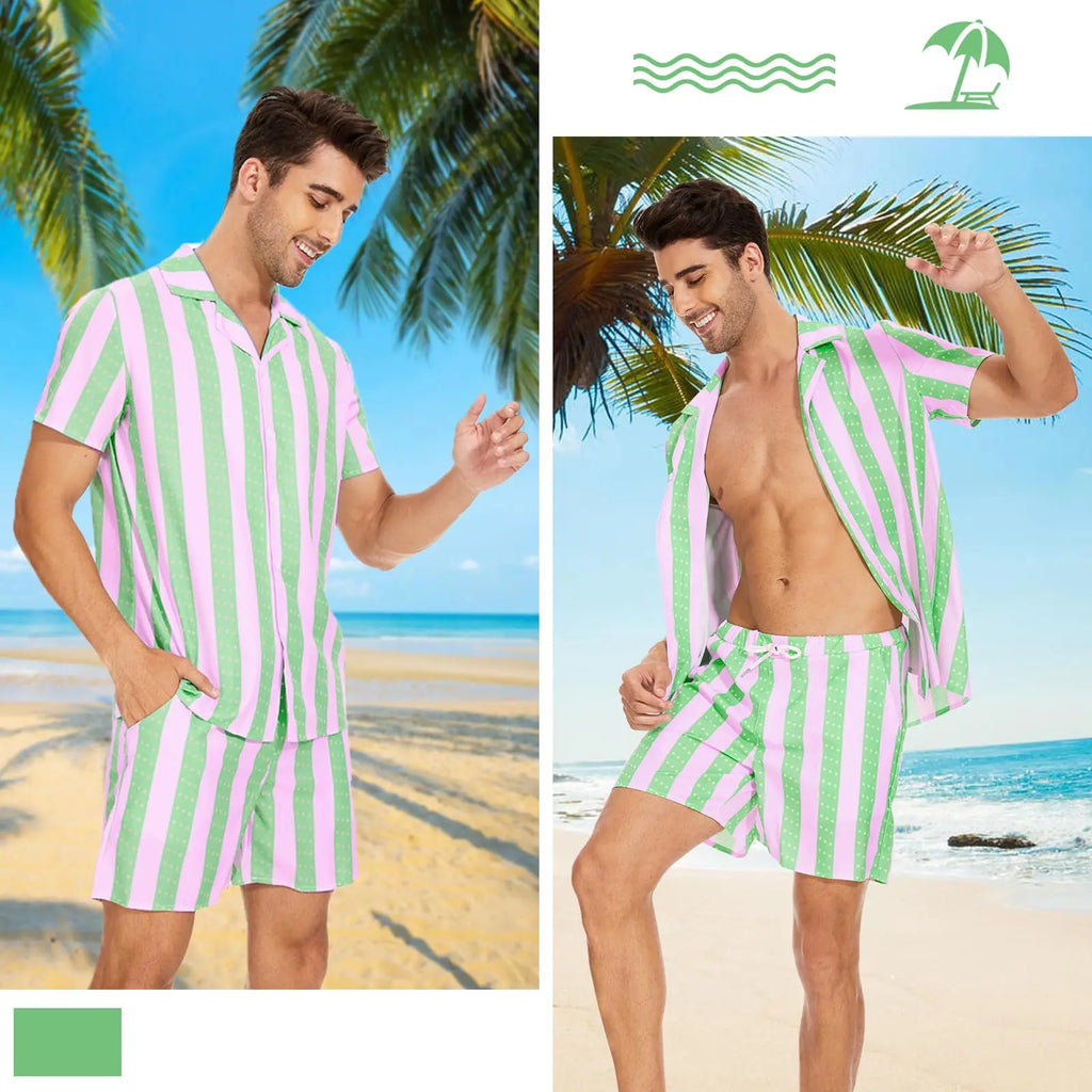 2024 Summer Men's Fashion Leopard Print Short Sleeve Shirt And Shorts Set Beach Style T Shirt Breathable Shorts Two Piece Set