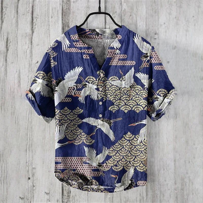 Men's Linen Comfortable Soft Men's Short Sleeve Shirt Hawaiian Fashion Splicing Print Stand Collar Button Shirt Summer Style