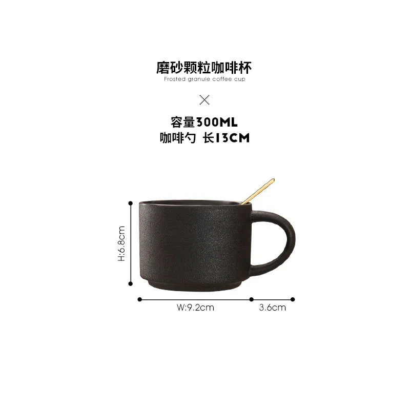 Nordic Black Ceramic Coffee Tea Cup creative coffee shop cups Frosted Porcelain Matte Mug Wood Saucer with Gold Steel Spoon mugs