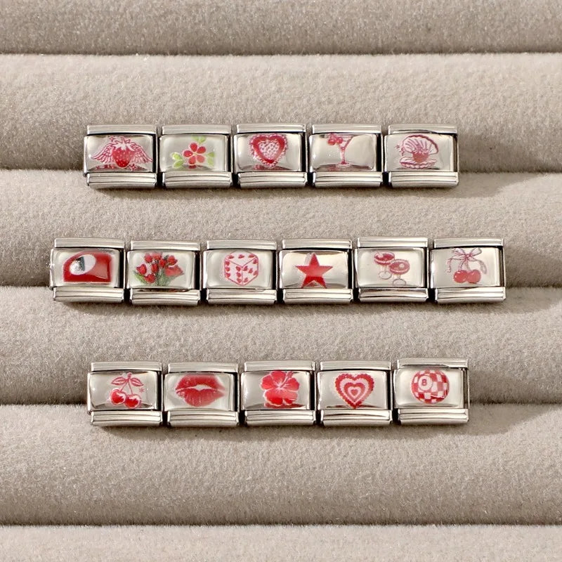 Fashion Red Series Heart Flower Bowknot Cherry Women Men Charm Link fit 9mm Stainless Steel Italian Bracelet Making DIY Jewelry