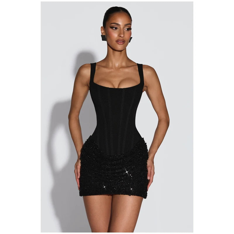 Sexy Sequin Pleated Strapless Mini Dress Women Chic  Scarf Collar Off Shoulder Waist Cinching Dresses Lady Evening Party Gown
