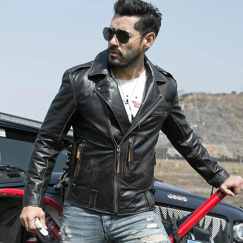 Retro Black Winter Leather Jacket Men Vintage Style Plus Size 5XL Genuine Natural Thick Cowhide Diagonal Zipper Leather Coat