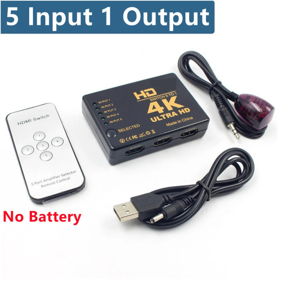 5 Input 1 Output HDMI-compatible 4K Video Switcher With IR Remote Controller  HDTV Switches for Xbox PS4 DVD HDTV PC Laptop TV