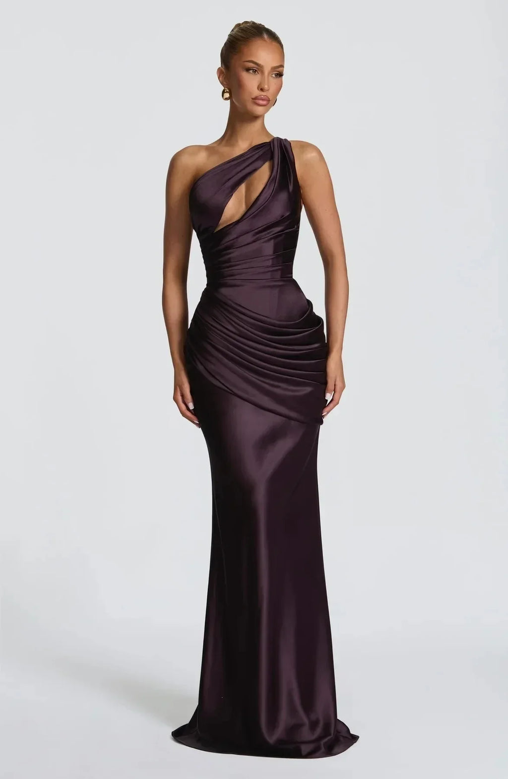 Elegant One Shoulder Satin Long Dress Women Chic Solid Sleeveless Backless Waist Cinching Pleated Dresses  Lady Party Robes New