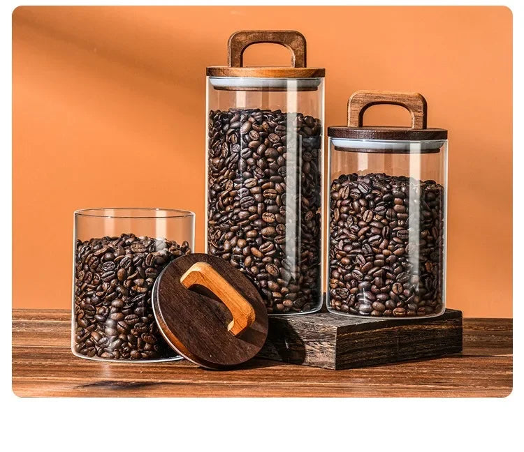 Clear Glass Jar with Bamboo Lid Sealed Canister Food Storage Container for Loose Tea Coffee Bean Sugar Salt Kitchen Gadgets