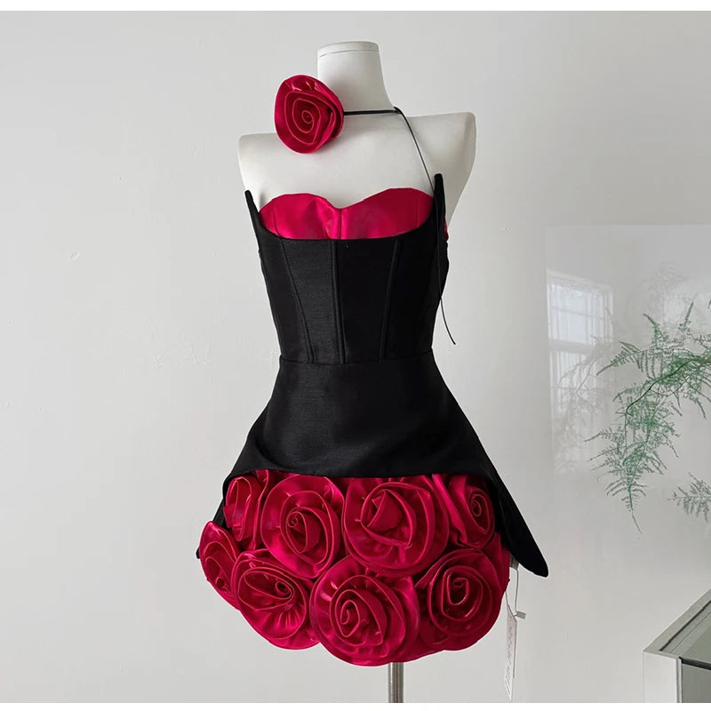 Women's Sweet Slash Neck Sleeveless Slim Waist Short Mini Dress French Retro 3D Rose Birthday Dress Spicy Girl Floral Bud Dress