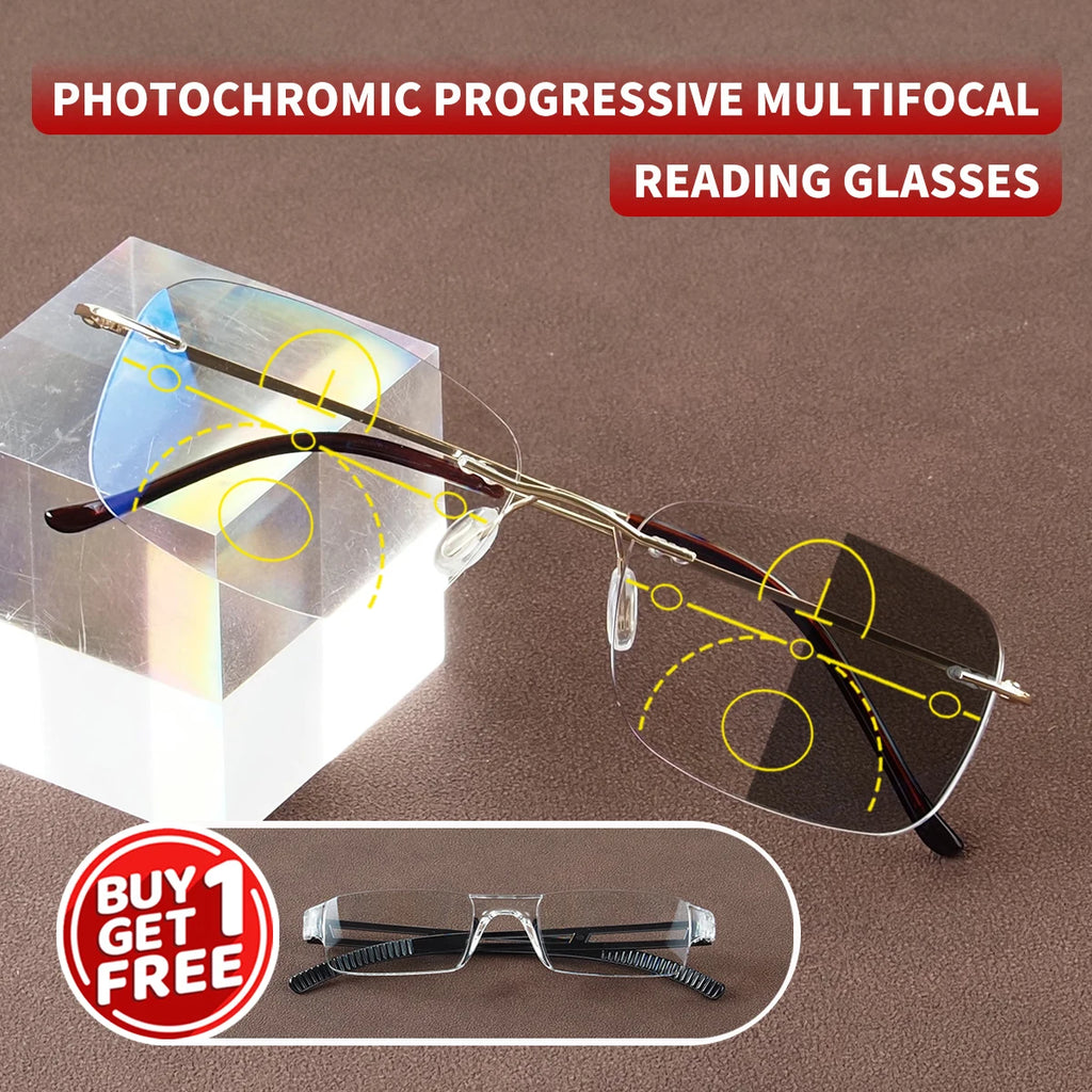 Photochromic, Progressive Multifocal Reading Glasses, Stylish Frameless Design, Includes 1 Piece of Integrated Reading Glasses as a Gift, Unisex.
