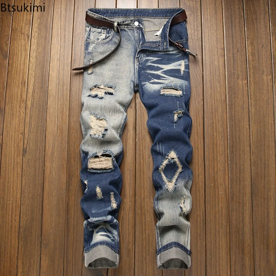 New Retro Jeans Men's Ripped Straight Leg Pants Ripped Jeans Fashionable Casual Pants Trousers Pants Male Street Wear Clothing