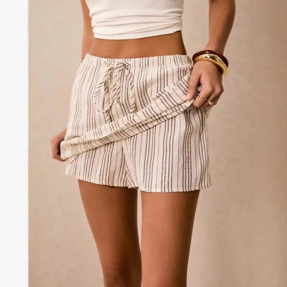 Casual Drawstring Mini Shorts Skirt Loose Fit High Waist Skorts Women Summer Striped Print Pajama Pants Casual Wear