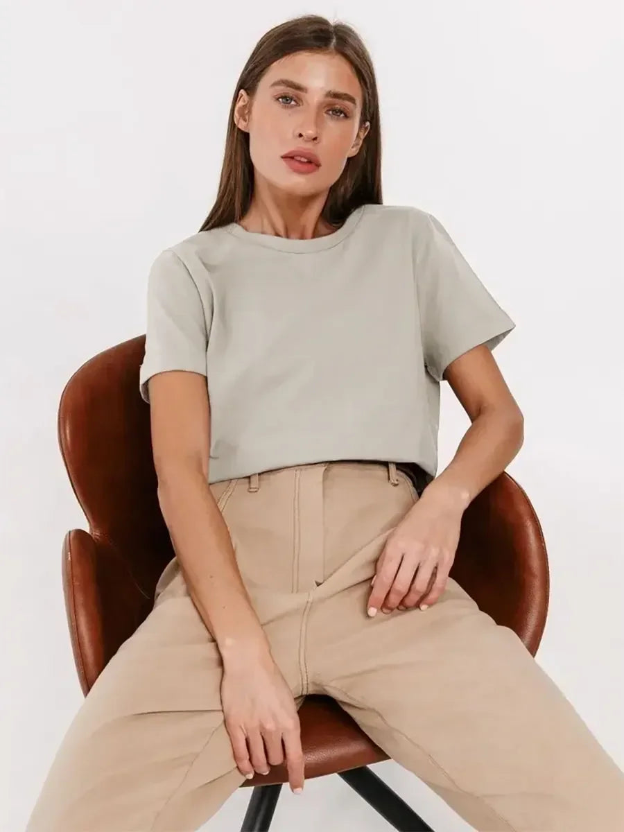 Summer 100% Cotton Women's T-shirt Bottoming Basic Fashionable Lady Short Sleeve Loose Tops Shirts Solid 200g/㎡ Tops