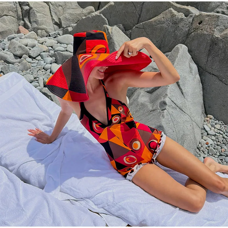 Abstract Print Halter Neck Deep V Sleeveless Short Jumpsuit Self Tie Back 2026 Spring Summer Beach Party Lady Women Outfit