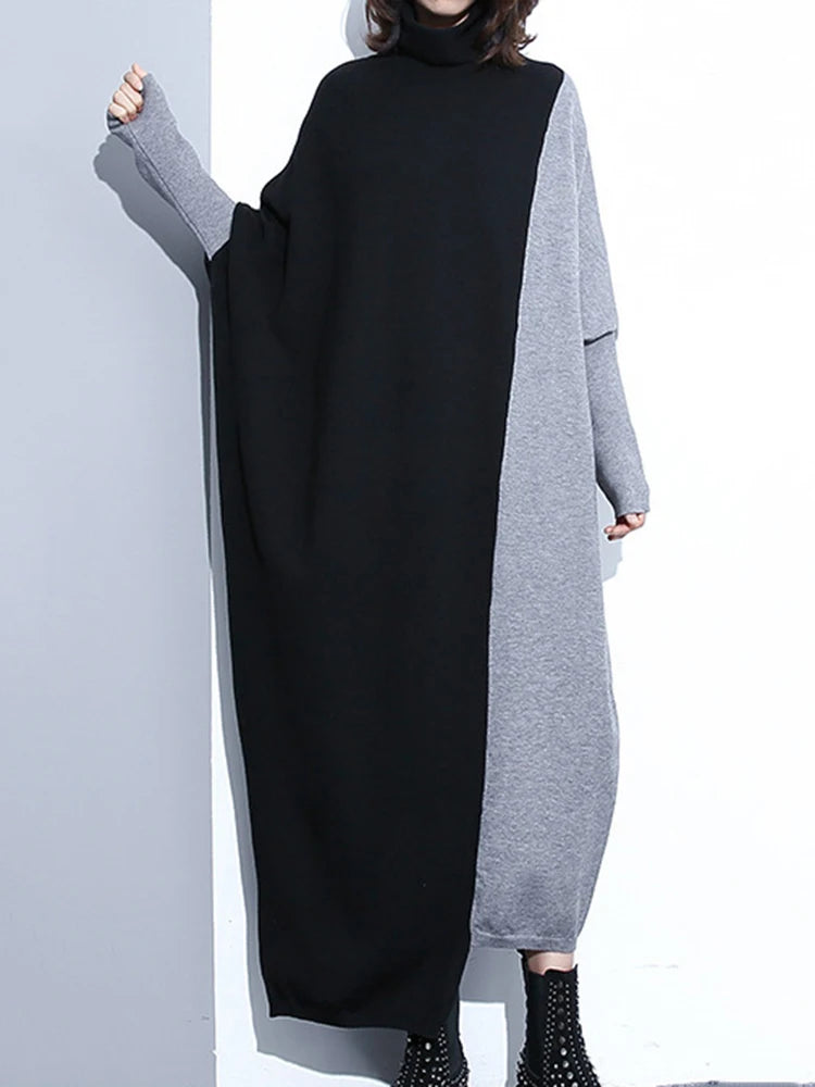 [EAM] Women Coffee Color-block Big Size Long Sweater Dress New Turtleneck Long Sleeve Fashion Tide Spring Autumn 2026 1DJ2393